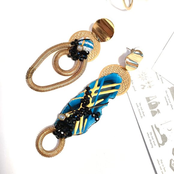 Gold Bracelet Bangle with Blue Agate with Onyx Stones DESIGNER - Picture 2 of 4